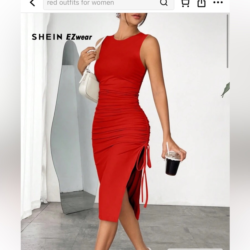 SHEIN Red Ruched Side-Tie Midi Dress Skirt